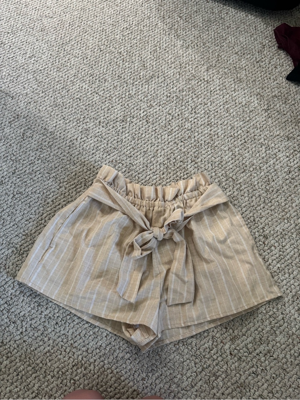 Love Tree Beige Striped Paperbag Waist Shorts with Tie